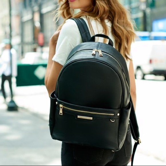 Poppy and peonies vegan black leather backpack